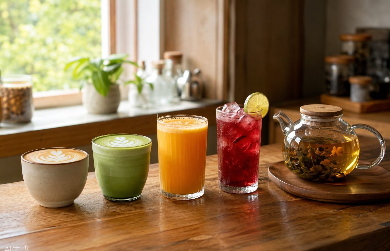 Alcohol-free drinks line-up on the counter — flat white, matcha latte, fresh-pressed orange juice, iced hibiscus cooler and loose-leaf tea