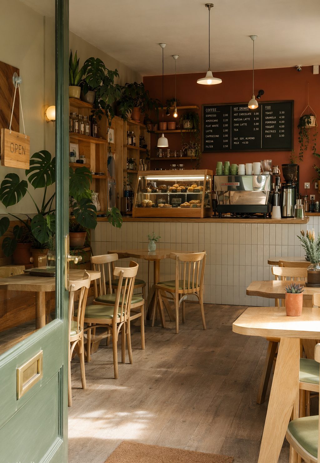 Café interior from the door — wooden tables, pastry counter, espresso machine and plants on shelves