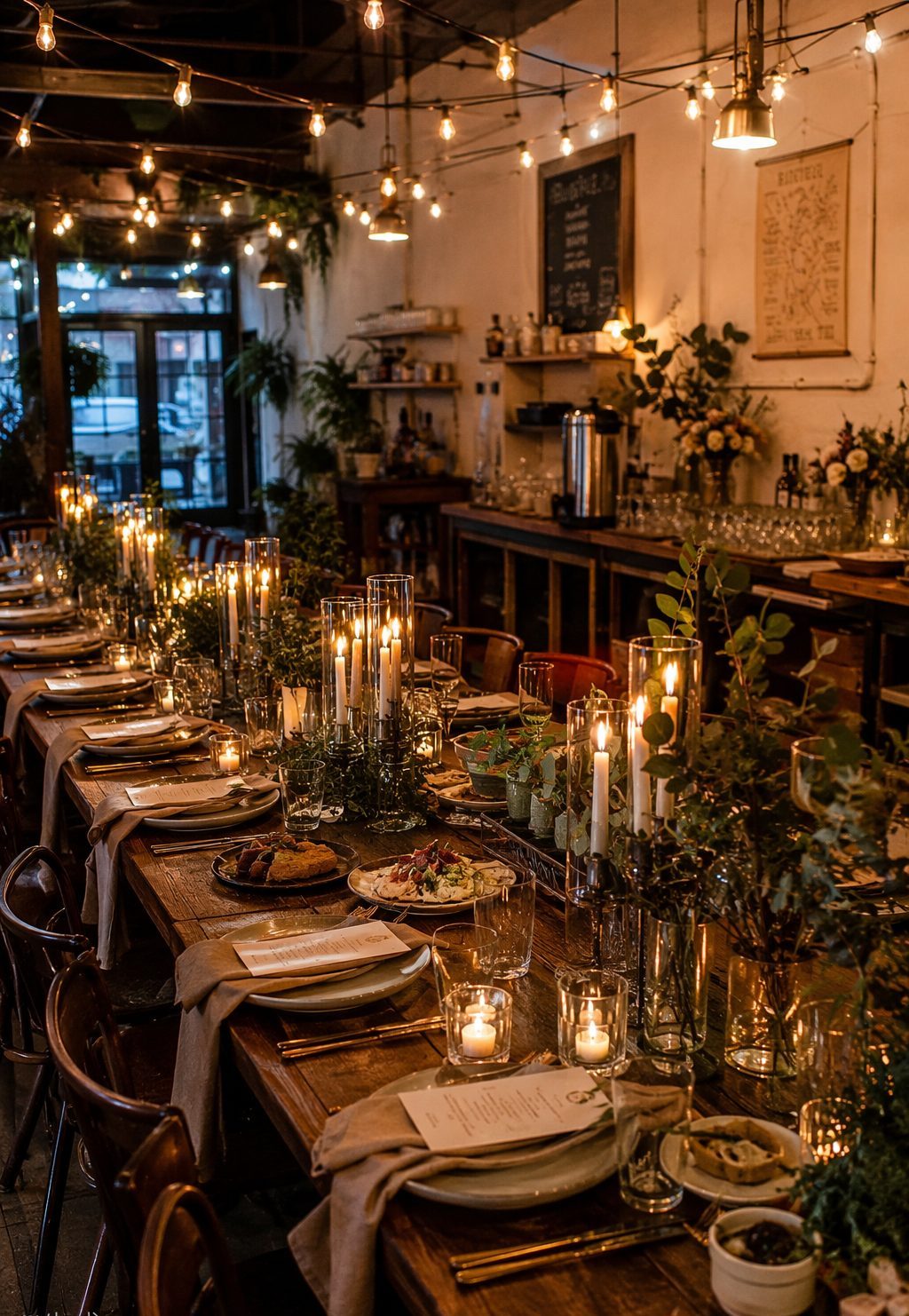 The café dressed for an evening private event — long table with candles and greenery under warm festoon lights